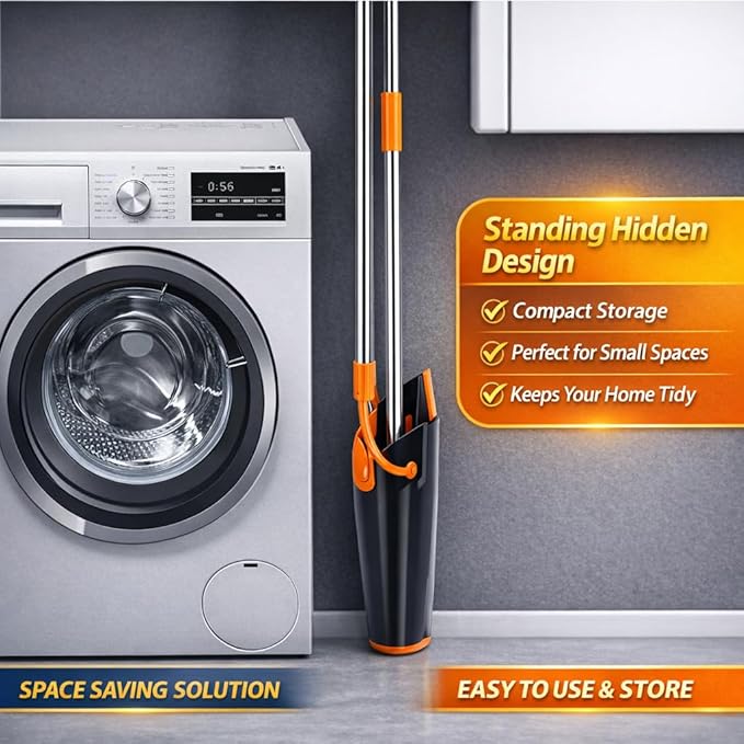 Broom and Dustpan Set with Long Handle, Upright Standing Self-Cleaning Combo, Windproof Dustpan with 6 Bonus Cleaning Tools for Pet Hair, Home, Kitchen, Garage & Apartment