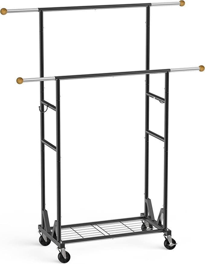 Rolling Garment Rack - Double Rod Clothes Rack with Lockable Casters, Mesh Storage Shelf & Anti-Slip Wooden Finials accented - Sleek Black Freestanding Closet Organizer for Coats, Dresses