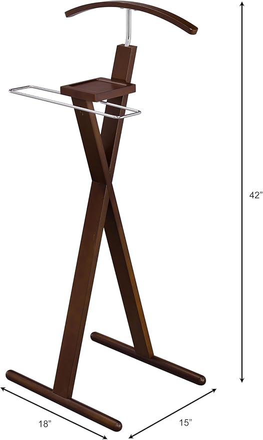 Proman Products Josh Freestanding Wooden Valet Stand Organizer with Tray, Hanger, Trouser Bar, Walnut
