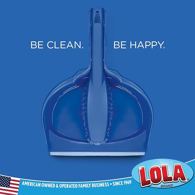 LOLA Clip On Dust Pan & Brush Set, w/Easy Dust, Dirt & Debris Catching Rubber Lip, Flagged Fiber Bristled Brush, Hang Hole for Easy Storage