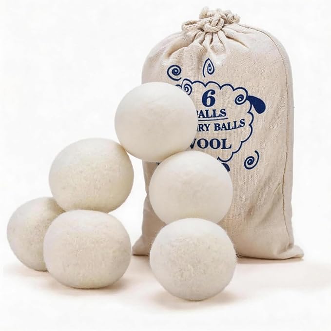 Wool Dryer Balls, New Zealand Dryer Balls Laundry Reusable Reduce Static Cling, Dryer Ball to Reduce Wrinkles & Shorten Drying Time, Drying Balls for Laundry(Pack of 6) (White)