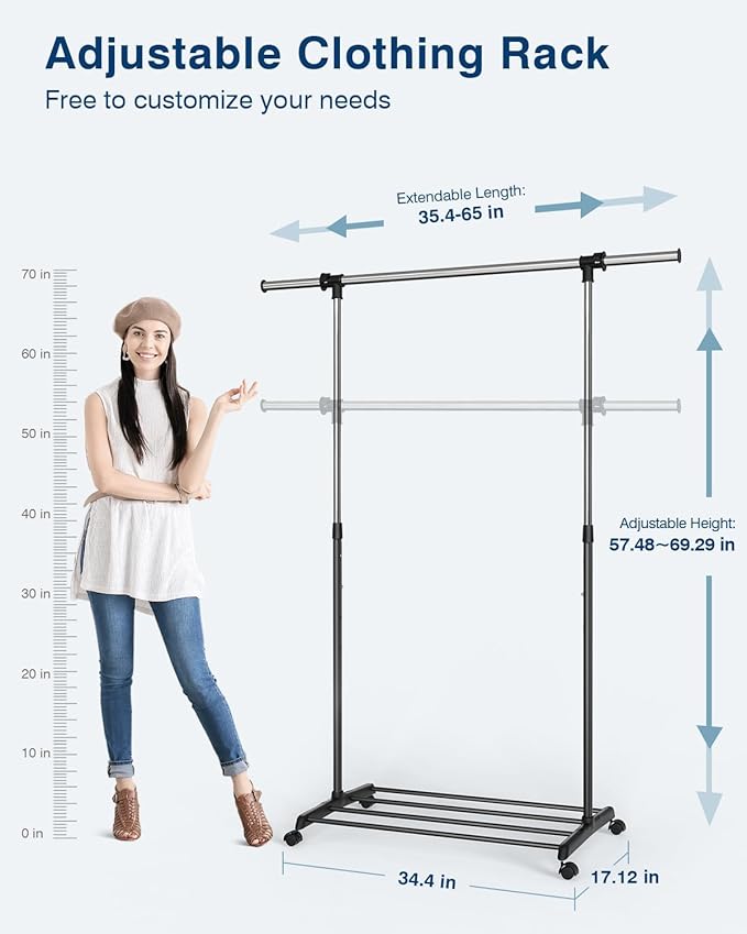 Whitmor Deluxe Adjustable Garment Rack - Rolling Clothes Organizer - Black and Chrome