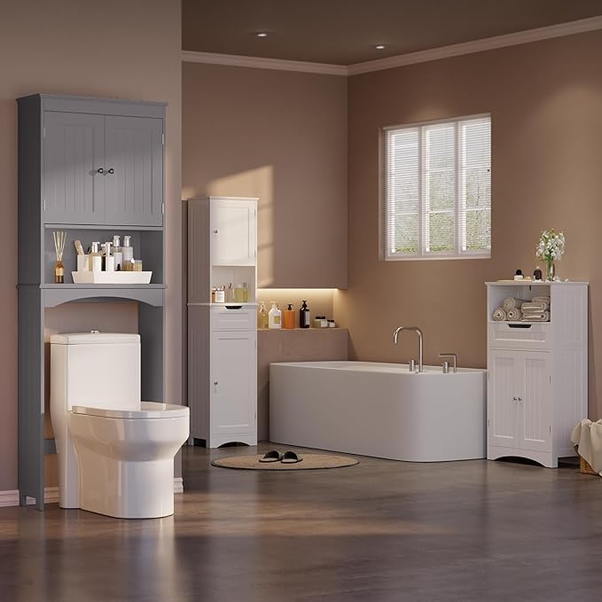 Gizoon Over The Toilet Storage Cabinet with Adjustable Shelf and Double Doors, Bathroom Space Saver Organizer Above Toilet with Open Shelf, Taller Wooden Free Standing Toilet Rack -Grey