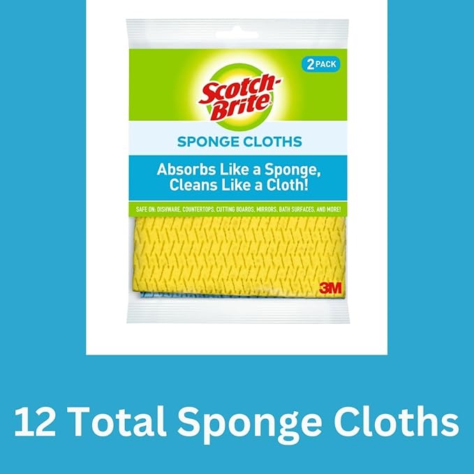 Scotch-Brite Sponge Cloth – 12-Pack (6 Packs of 2 Each), Reusable and Washable, Highly Absorbent, Multi-Purpose Cleaning Cloths