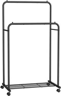 SONGMICS Double Rods Clothes Rack with Wheels, Clothing Rack for Hanging Clothes, Heavy Duty Garment Rack with Mesh Storage Shelf, 2 Brakes, Each Top Rail Holds up to 77 lb, Black UHSR26BKV1