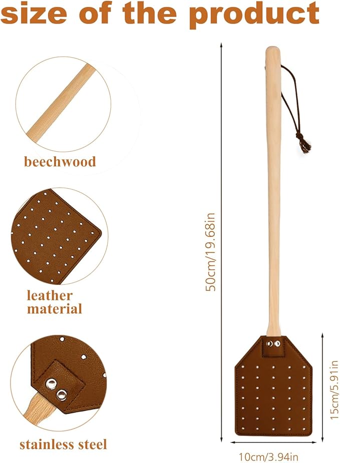 Heavy Duty Leather Fly Swatter, Long Handle Fly Swatter with Beech Wood Handle 19.7" Length, Flyswatter for Indoor and Outdoor (Brown)