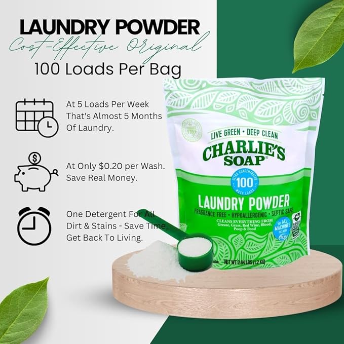 Charlie’s Soap Laundry Powder (100 Loads, 2 Pack) Hypoallergenic Deep Cleaning Washing Powder Detergent – Eco-Friendly, Safe, and Effective