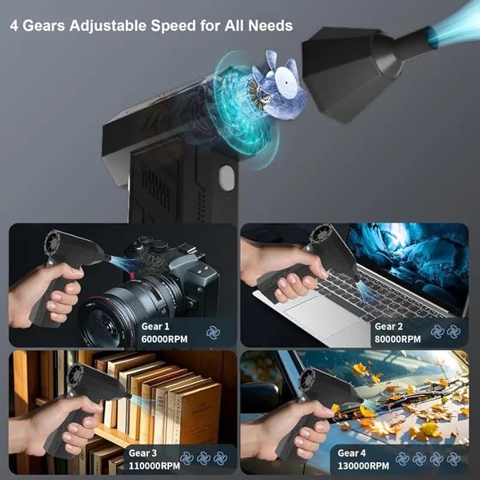 Compressed Air Duster-130,000 RPM Super Power Electric Air Duster 4-Gear Adjustable Cordless Air Blower Rechargeable for Computer, Keyboard, House, Outdoor