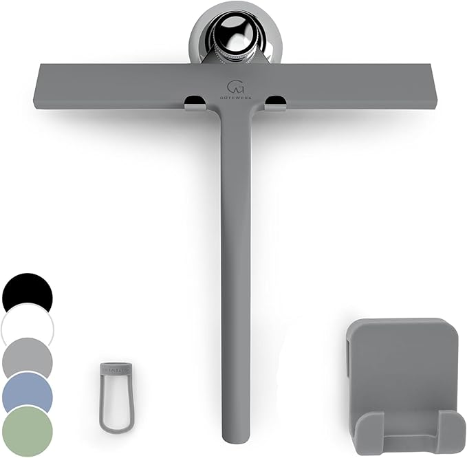 GÜTEWERK Silicone Shower Squeegee for Glass Doors & Mirrors with Stainless Steel Core, Streak-Free & No-Squeak Window Cleaning, 3-in-1 No-Drill Mount (Hook/Suction/Adhesive),Gray, 9 Inches