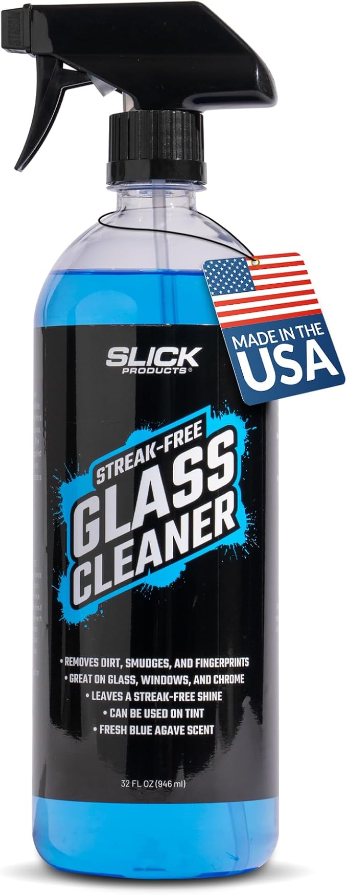 Slick Products Streak-Free Glass Cleaner – Ammonia-Free Window, Mirror, Chrome & Tint Cleaner – Removes Dirt, Smudges & Fingerprints – Ready-to-Use – 32 oz.