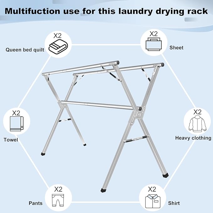 Sarahipe Sillars Clothes Drying Rack, 63 inches Laundry Drying Rack Clothing Foldable & Collapsible Stainless Steel Heavy Duty Clothing Drying Rack with Windproof Hooks for Indoor Outdoor