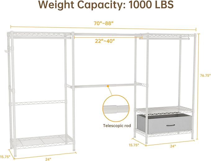 Golpart Coat Rack Clothes Wardrobe：Closet Organizer and Storage Clothing Garment Rack with Shelves Heavy Duty for Hanging Clothes Portable Adjustable White 15.8" DX69 WX76.5 H