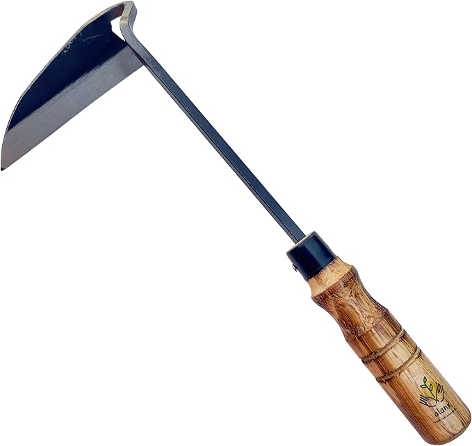 alanx 12 Inch Japanese Gardening Hand Weeding Sickle, Weeding Hoe with Long Wooden Handle
