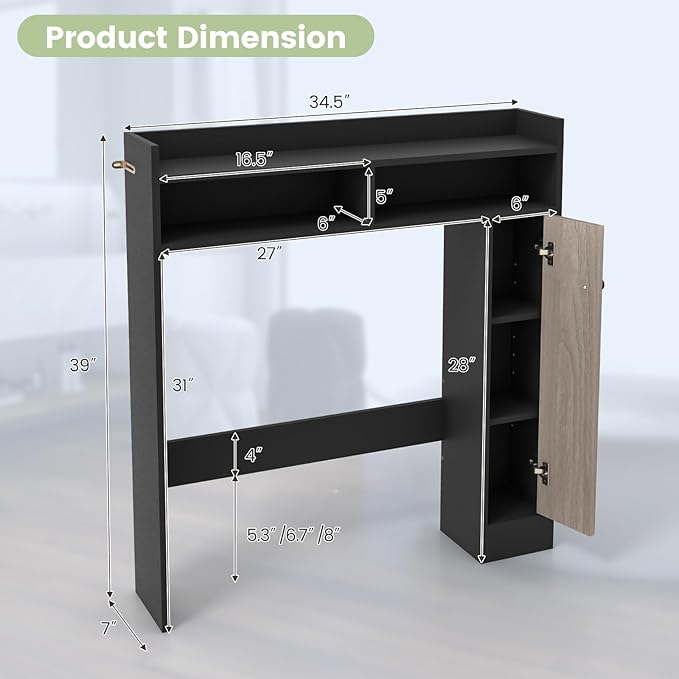 Giantex Short Over The Toilet Storage Cabinet, Bathroom Organizer w/Single Door Cabinet & Adjustable Shelves, Freestanding Space Saver Above Toilet Storage for Restroom, Laundry Room (Black+Oak)