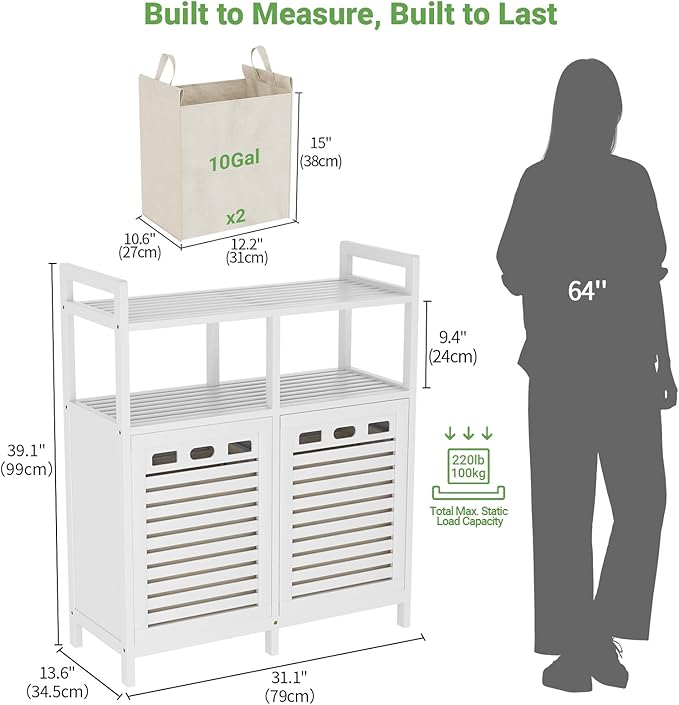 Homykic Tilt Out Laundry Hamper Cabinet, Bamboo Double Laundry Hamper with 2 Removable Laundry Baskets, 20 Gal Laundry Sorter Organizer with Shelf for Dirty Clothes, Bathroom, Laundry Room, White