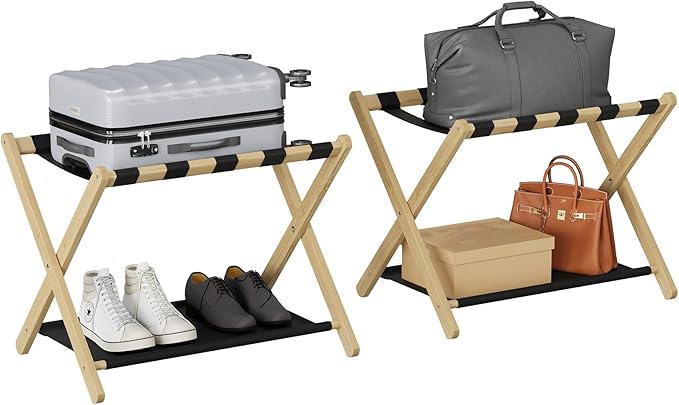 Smuxee Natural Bamboo Luggage Rack Pack of 2, Foldable Suitcase Stand with Storage Shelf, Easily Assembled Luggage Stand with 5 Nylon Straps for Guest Room Bedroom Hotel