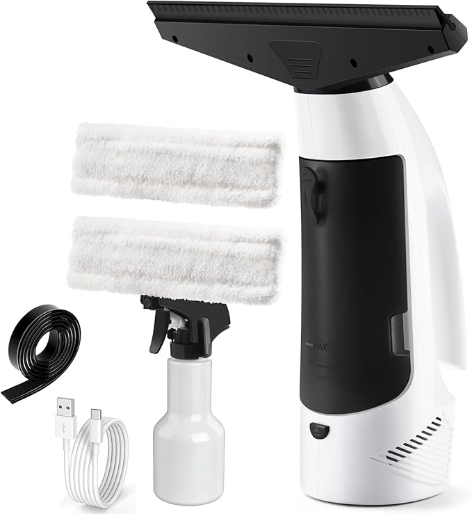 Window Vacuum Squeegee Cordless, Handheld Window Vac with Multi-Purpose Spray Bottle & Microfiber Cloth, Electric Cleaning Tool for Windows, Tiles, Mirror, Countertop, Car Windshield