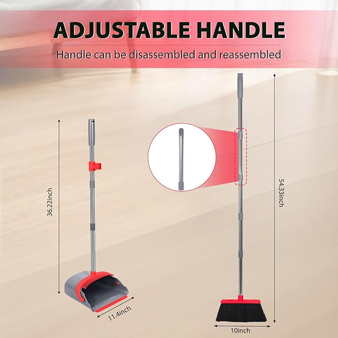 YZO Broom and Dustpan Set, 50.6-Inch Long Handle Standing Design, Dustpan Front Rubber Tight Seal, Broom with 5-Layer Bristles, Suitable for Living Room, Bedroom, Yard, Office and Apartment(Gray&Red)