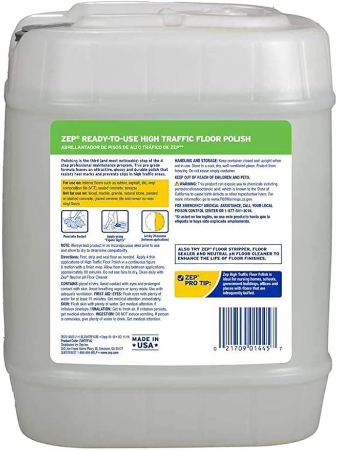 Zep High Traffic Floor Polish - 5 Gal (1 Pail) ZUHTFF5G - Scuff and Slip Resistant Durable Floor Finishing Polish for Vinyl (VCT), Sealed Concrete, Rubber, Tile, and Terrazzo Floors