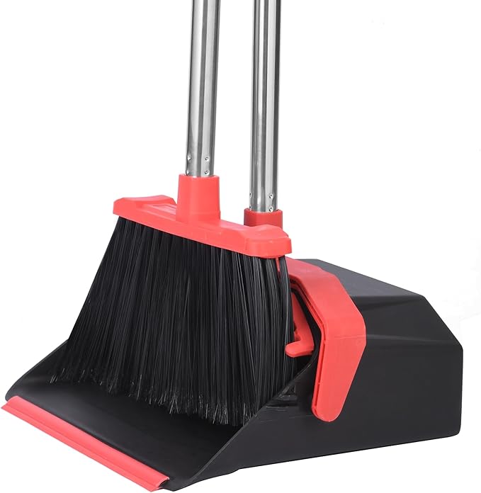 Upgrade Broom and Dustpan Set, 51'' Sturdy Long Handle, Large Upright Stand Up Broom and Dustpan, ZeroGap Lip, Self-Cleaning Dustpan Teeth for Lobby Kitchen Office Floor - Black and Red