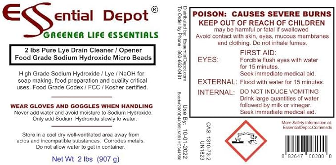 Essential Depot 32 lbs Food Grade Sodium Hydroxide Lye Evenly-Sized Micro Pels (Beads or Particles) - 16 x 2lb Bottles - Lye Drain Cleaner - HDPE Container with Resealable Child Resistant Cap