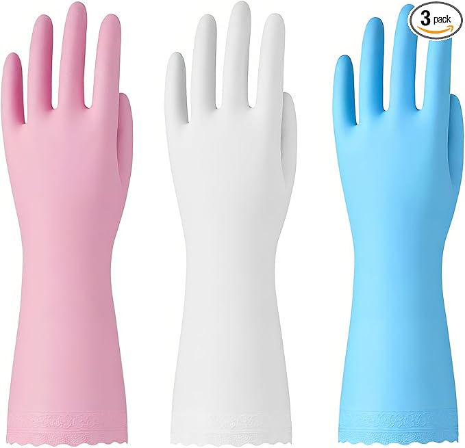 Bamllum Rubber Cleaning Gloves - 3 Pairs Latex Free Kitchen Cleaning Gloves with Cotton Liner- Household Dishwashing Gloves, Non- Slip Waterproof (Medium, Blue+Pink+White)