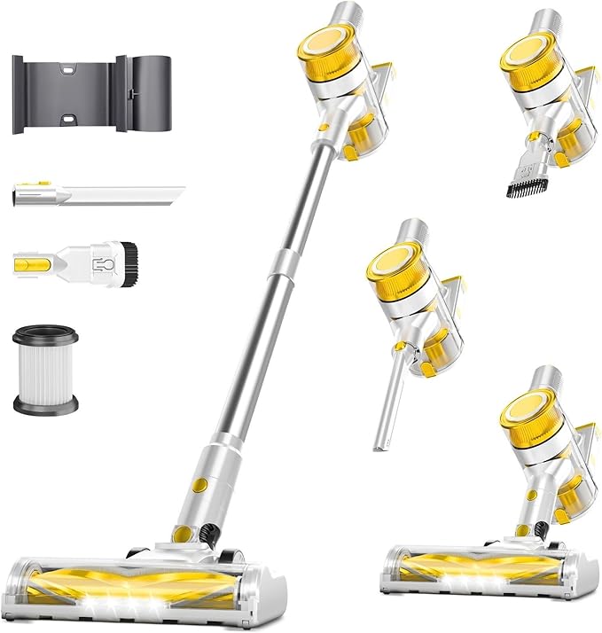 Cordless Vacuum Cleaner, 35Kpa Vacuum Cleaner for Home, 45Mins Stick Vacuum with LED Display, Anti-Tangle & Wall Mount Charging, 6 in 1 Lightweight Vacuum for Hard Floors, Carpet, Pet Hair (yellow)