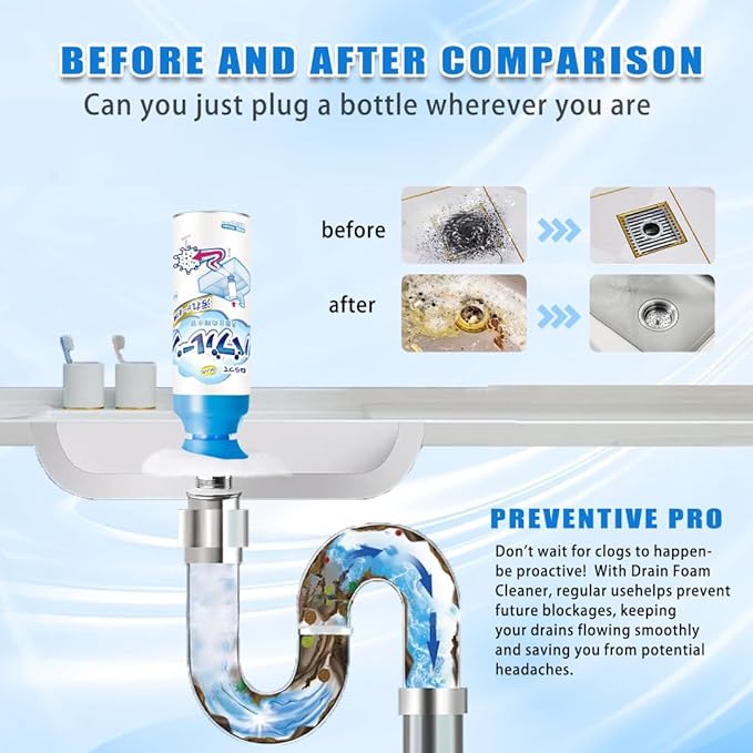 Drain Foam Cleaner, Foam Drain Cleaner, Powerful Sink and Drain Cleaner Foam, Liquid Hair Drain Clog Remover, Foaming Drain Cleaner for Kitchen Drain, Sinks, Tubs (2PCS)