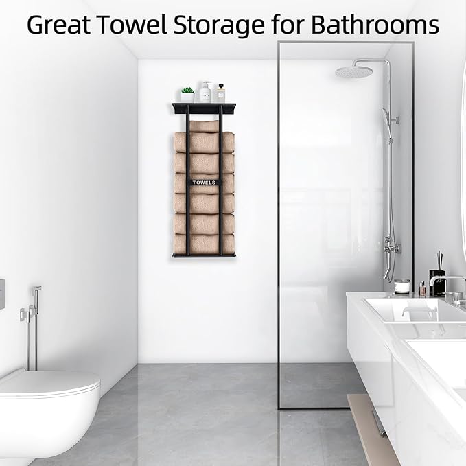 STWWO Bathroom Towel Storage for Bathroom, Wall Towel Rack for Rolled Towels, 30 inch Towel Holder Wall Mounted with Metal Shelf Can Holds 6 Large Towels, Brushed Nickel