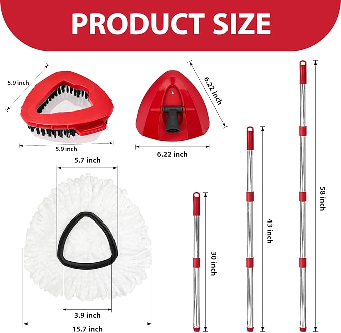 Spin Mop Replacement Set for O-Ceda EasyWring 1-Tank System, Includes 2 Mop Head Replacement, 1 Spin Base, 1 Scrubber Head, 1 Mop Handle (30-58in Adjustable 4-Section Pole)