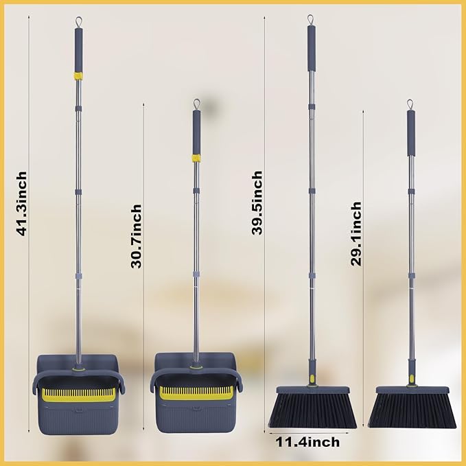 Heavy Duty Broom and Standing Dustpan Combo Set, Rotatable Head Dust Pan and Brush Set with Collapsible Handle, Cleaning Teeth, Hanging Loop, Ideal for Pets, RV, Kitchen, Camping, Outdoor Floor, Gray