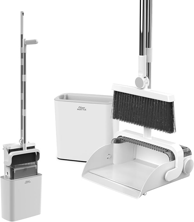 DustDockPro: Broom and Dustpan Set with Trashcan - Long Handle Upright Dust Pan with Teeth Comb, Angled Bristles for Pet Hair Removal, Compact Cleaning Kit for Kitchen Home Tiles Hard Floors