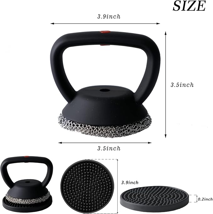 MEIXINZHI Cast Iron Cleaner, Chain Mail Scrubber & Pan Grill Scrapers - 2 in 1 Cast Iron Skillet Cleaner (Black, with mat)