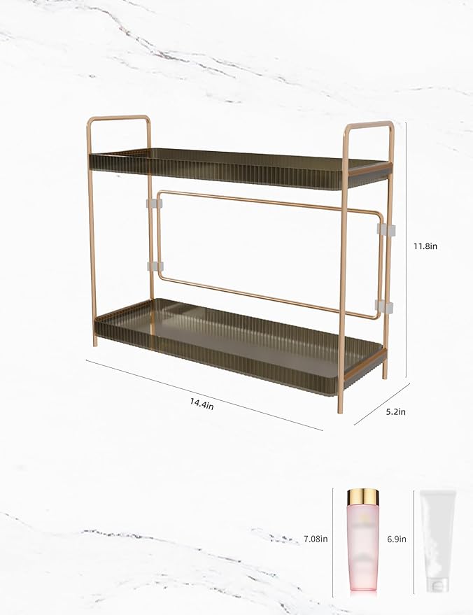 LEEDA 2 Tier Bathroom Counter Shelves, Countertop Shelf Organizer for Bathroom & Vanity, Skincare Organizers Rack,Countertop Organizer for Makeup, Lotion, Kitchen Corner & Dresser Storage(Gold)