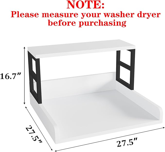 Washer Dryer Countertop with Shelf, 27.5″D x 27.5″W x 16.7″H, Countertop for Washer and Dryer Top with Non-Slip Pads and Edge Rails, Laundry Room Storage and Organization(White)