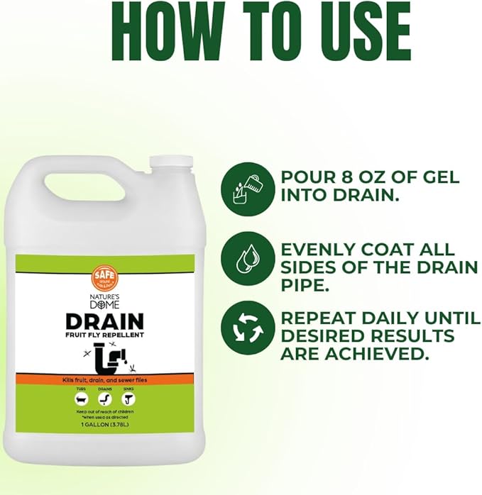 Nature’s Dome Drain Fly Killer Gel – 1 Gallon – Kills & Prevents Drain Flies, Fruit Flies & Sewer Flies – Natural Plant-Based Treatment for Sinks, Pipes & Drains – Safe for Septic Systems