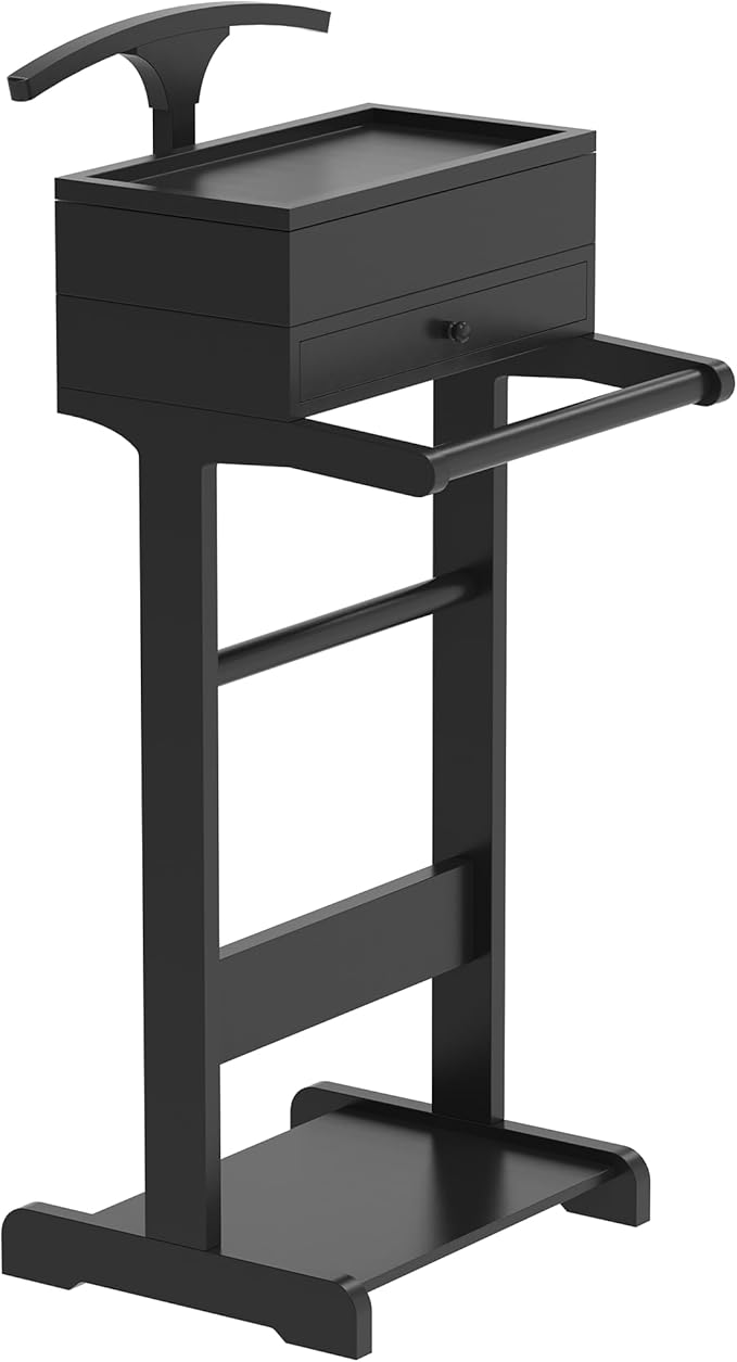 Wooden Valet Stand for Men, Suit Valet Stand with Top Tray, Storage Drawer, Bottom Shoe Rack, Freestanding Clothes Rack for Living Room, Entryway, Bedroom (Black with 2 Storage Drawers)