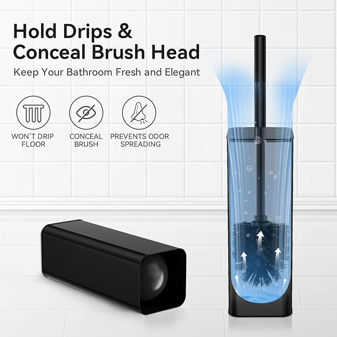 DOWRY Toilet Bowl Brush and Holder for Bathroom, Deep Cleaning Toilet Brush and Holder Set with Long Handle, Hidden Toilet Bowl Brush with Replaceable Head,Modern Decor Black Square