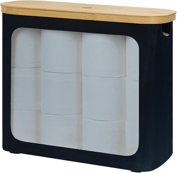 Toilet Paper Storage for 12 Rolls, Toilet Paper Basket with Lid, Bathroom Storage Organizer with Bamboo Lid, Black