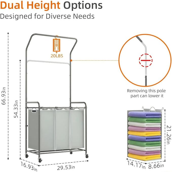 ROMOON Laundry Sorter Hamper with Hanging Bar, 3 Section Rolling Laundry Cart with Clothes Rack & Heavy-Duty Lockable Wheels, Divided Laundry Basket Organizer for Apartment & Small Spaces (130L Grey)