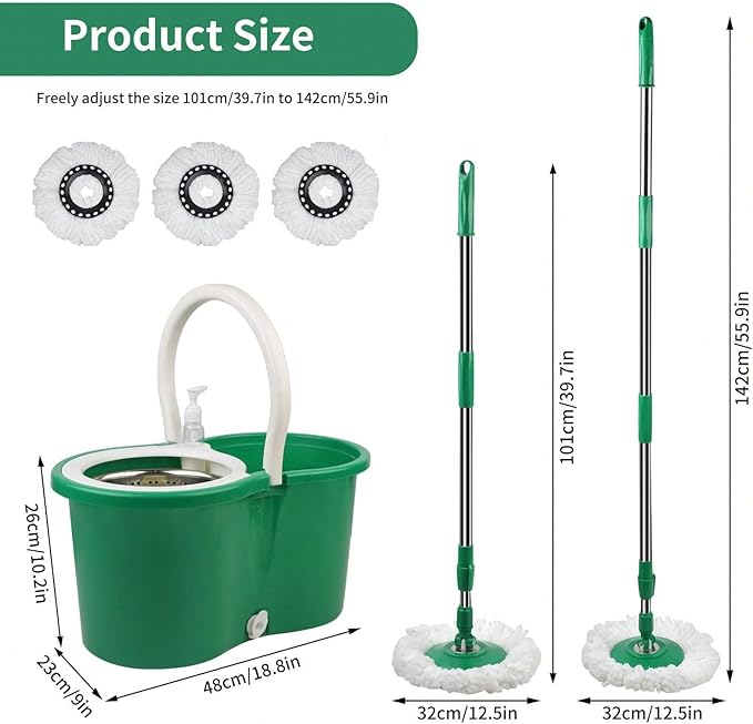Spin Mop and Bucket with Wringer Set, 360° Spinning Mop Bucket System with 3 Microfiber Mop Replacement Heads, Adjustable Handle for Floor Cleaning (Green)