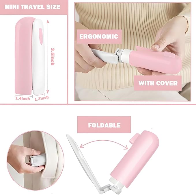 Mini Travel Lint Roller with 150 Sticky Sheets, Compact Portable Pet Hair Remover with Cover for Clothes, Travel, Small Foldable Lint Roller for Purse Car Bag Essentials (Pink)