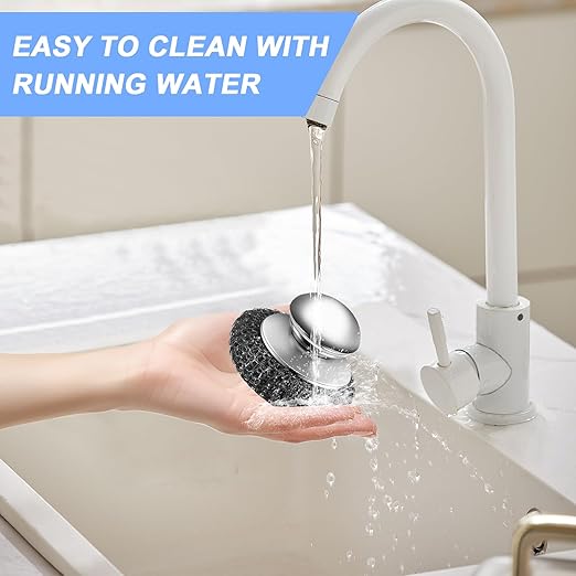 2Pcs Stainless Steel Wool Scrubber with Handle, 4 Replacement Steel Scrubber Wool Pads，Stainless Steel Scrubber for Cleaning Cast Iron, Dishes, Kitchen Pots, Pans, Grills, Stoves, Sink
