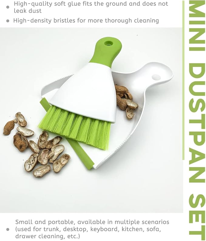 Small Hand Dust Pan and Brush - Small Broom and Dustpan Set, Mini Broom and Dustpan, Compact Dustpans and Brush for Home Cleaning, Sofa, Desk, Guinea Pig Cage, Cat Litter, etc. (Green 2 Set)