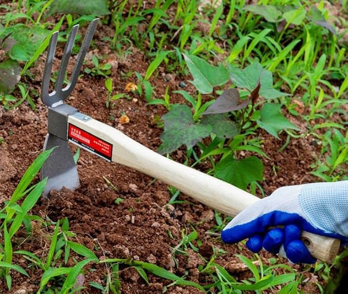 Garden Hoe,Garden Tools Digging Hoe and Rake, Hand Hoe with Wooden Handle for Loosening Soil and Weeding