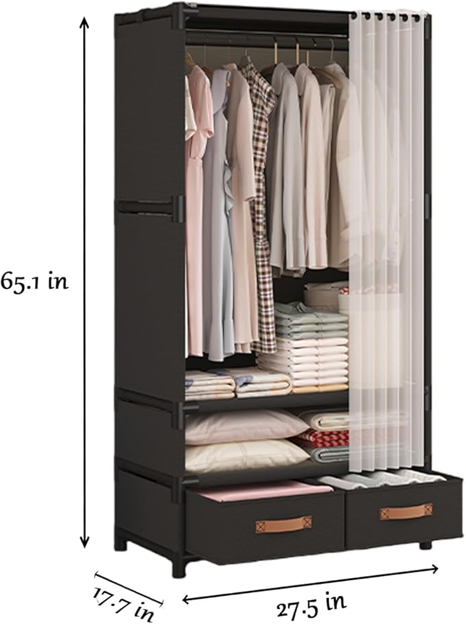 Portable Closet,Portable Closets for Hanging Clothes,Japanese Style Wardrobe Clothing Rack with 2 Drawers,1 Hanging Rods and 2 Storage Shelves,27.5" L x 17.7" W x 65.1" H,Black