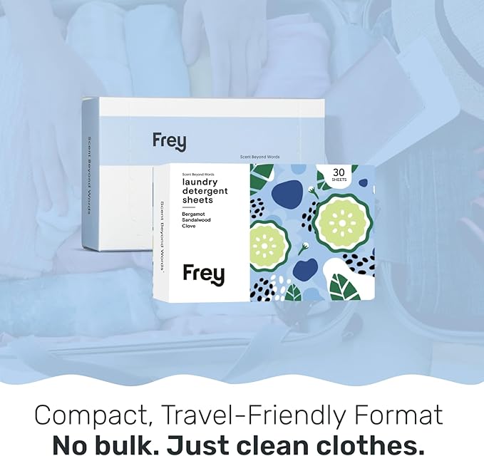 FREY Laundry Detergent + Dryer Sheets Bundle, 60 Count - Plastic Free Liquidless Full Wash Solution for Soft, Fresh Clothes, Bergamot Sandalwood Clove Scent
