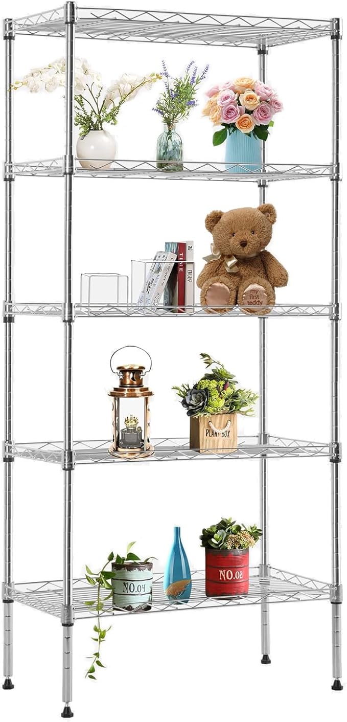 FDW 5 Tier 22L x 12W x 48H Pantry Shelves Adjustable Metal Shelves NSF Storage Rack Shelving Units for Kitchen Garage Small Places Commercial,Chrome