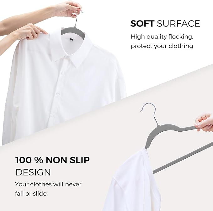 HOUSE DAY Premium Velvet Hangers 50 Pack Grey, Non-Slip Flocked Felt Hangers, Sturdy Clothes Hanger with 360° Rotatable Hook, Heavy Duty Durable Slim Coat Hanger for Closet Space Saving