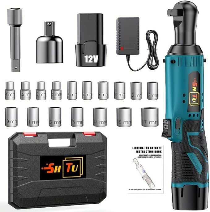 12V cordless ratchet kit, car repair screw and nut disassembly, with quick charger, suitable for home and car repair, is a holiday gift for men. (Battery * 1+plastic box+multiple accessories)